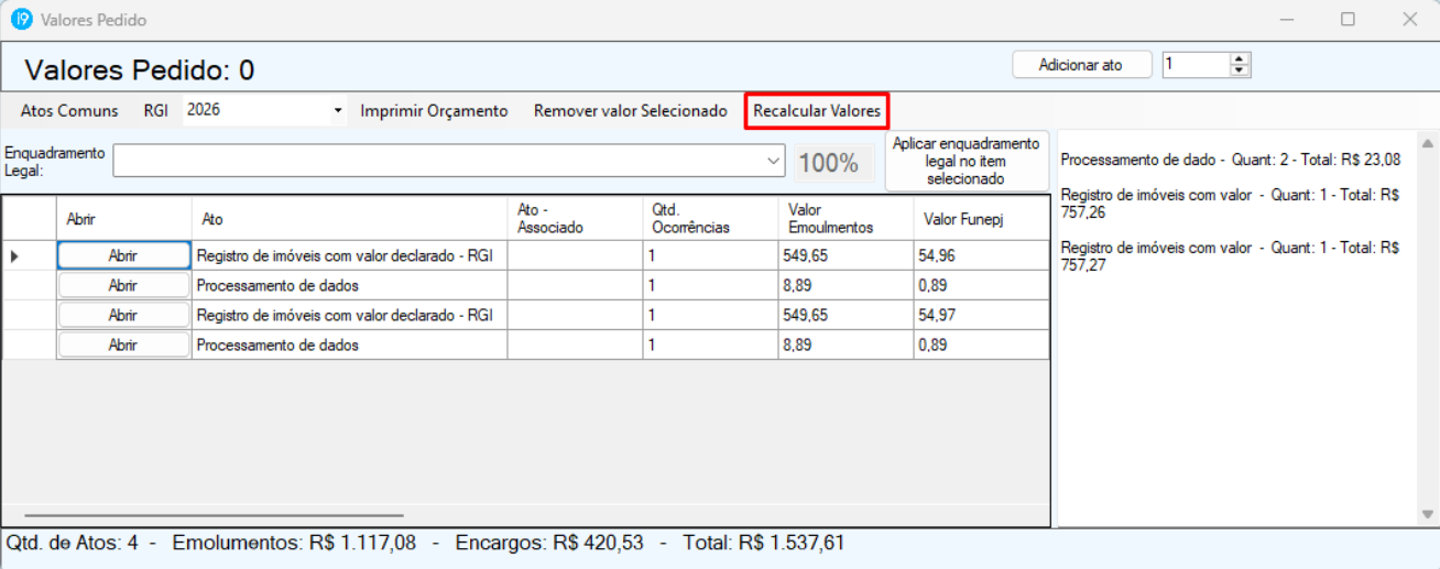 Tela Valores Pedido do sistema Inove com o botão Recalcular Valores destacado e exemplos de FUNEPJ de R$ 54,96 e R$ 54,97.
