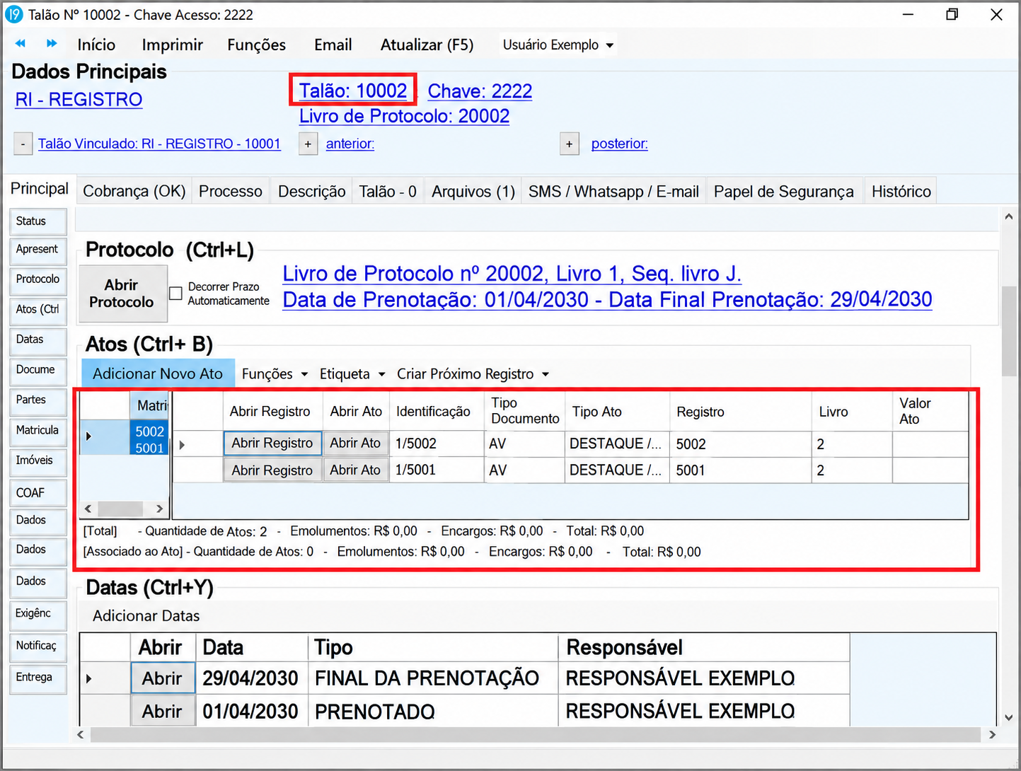 Pedido fictício 10002 exibindo o ato 1/5001 na listagem de atos.